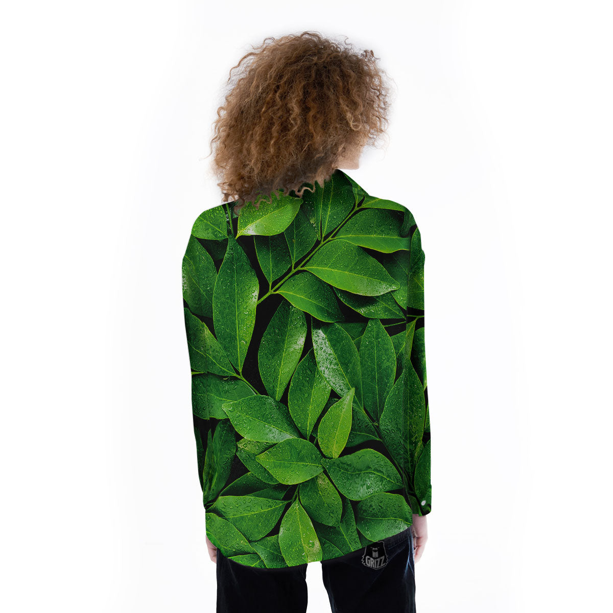 Green Leaf Print Women's Long Sleeve Shirts-grizzshop