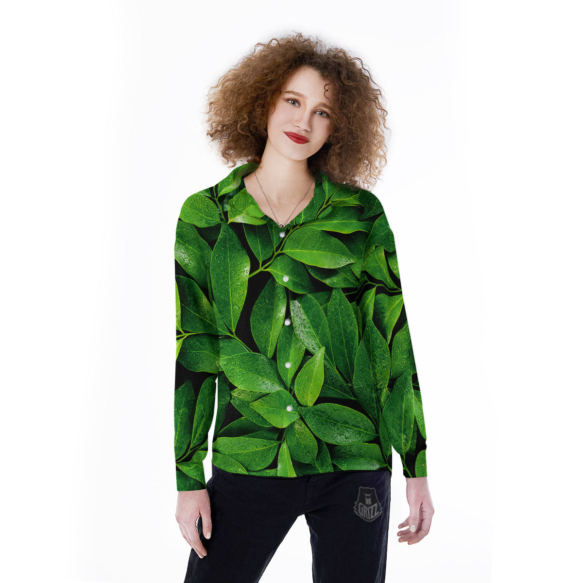 Green Leaf Print Women's Long Sleeve Shirts-grizzshop