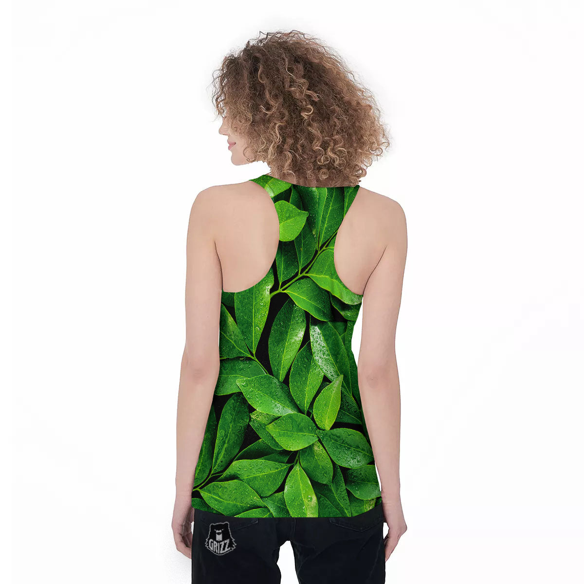 Green Leaf Print Women's Racerback Tank Top-grizzshop