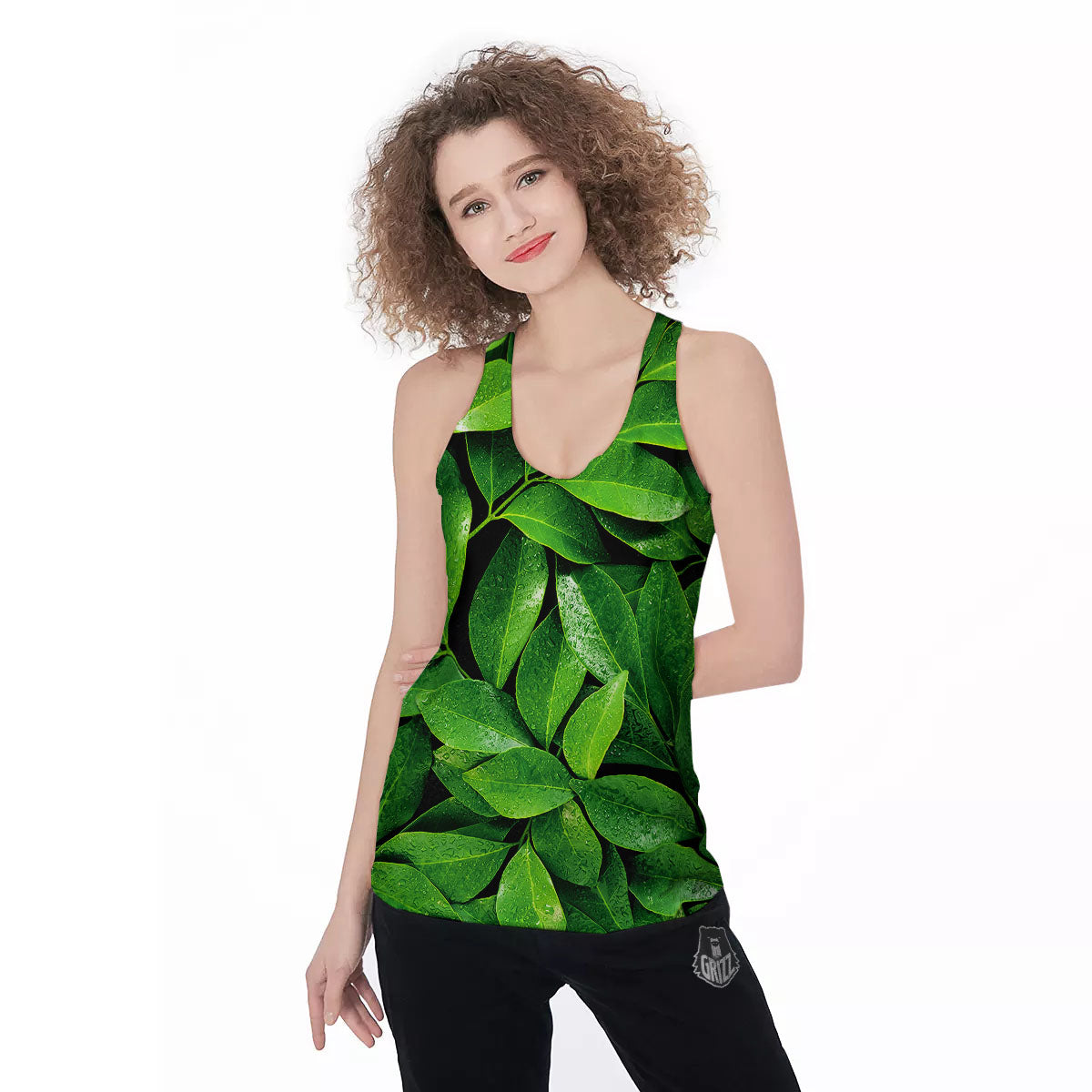 Green Leaf Print Women's Racerback Tank Top-grizzshop