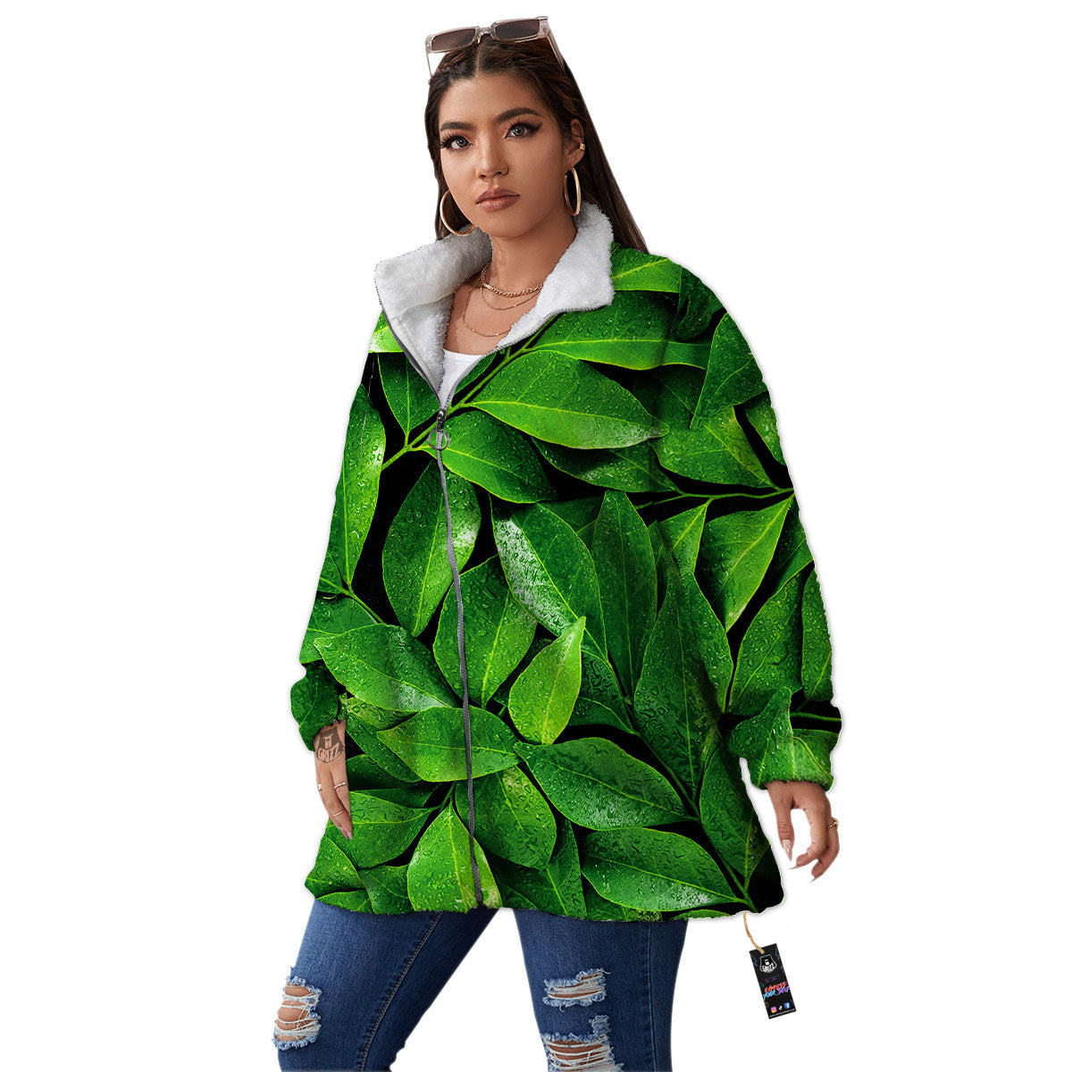Green Leaf Print Women's Sherpa Jacket-grizzshop