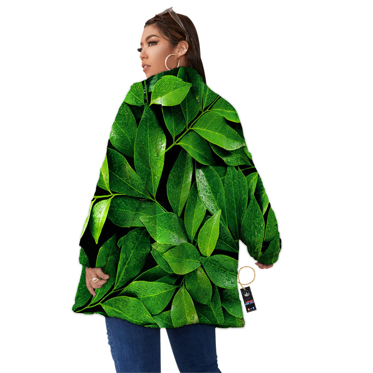 Green Leaf Print Women's Sherpa Jacket-grizzshop