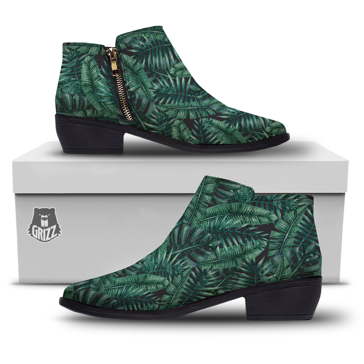 Green Leaf Tropical Print Pattern Ankle Boots-grizzshop