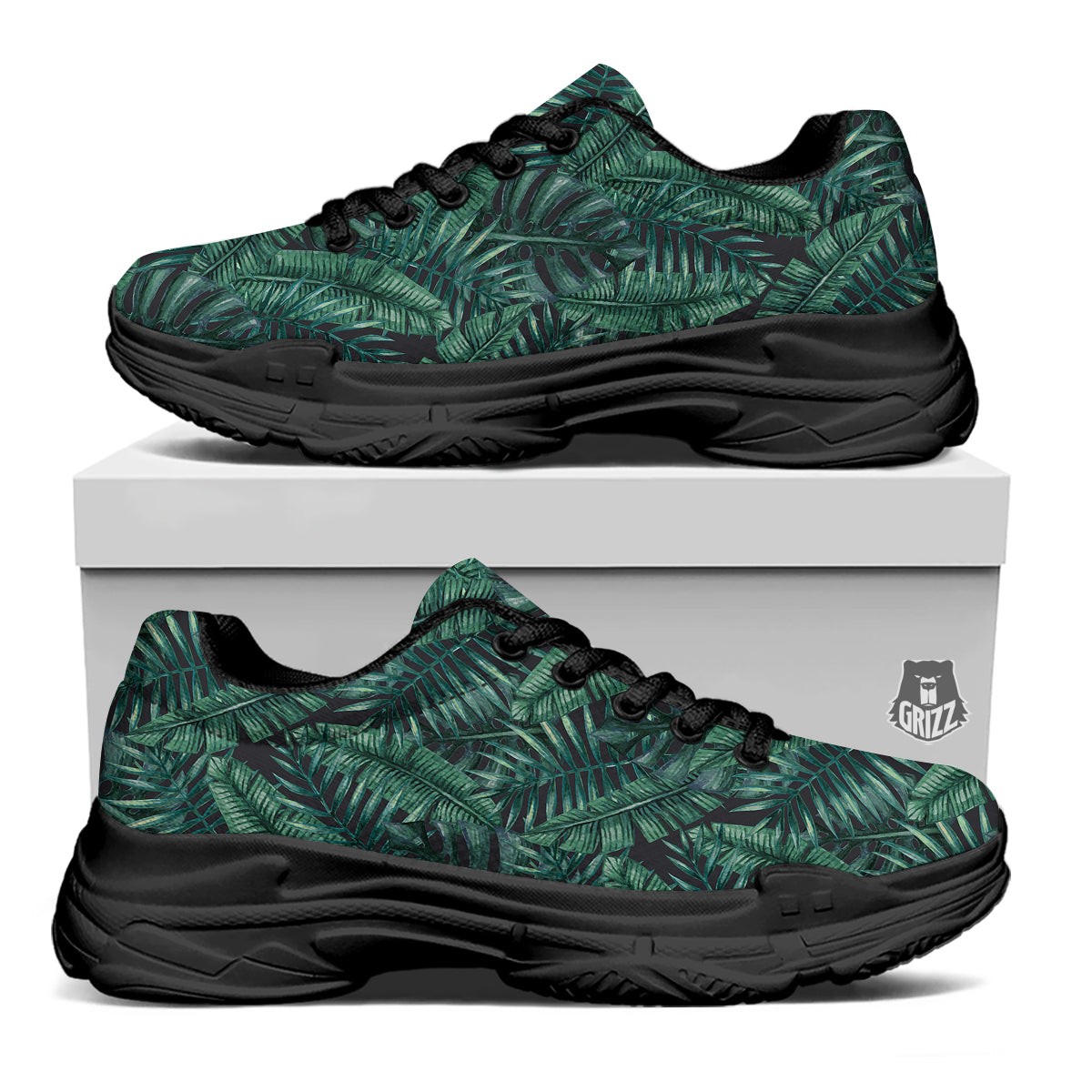 Green Leaf Tropical Print Pattern Black Chunky Shoes-grizzshop