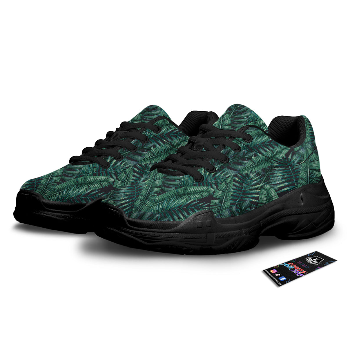 Green Leaf Tropical Print Pattern Black Chunky Shoes-grizzshop