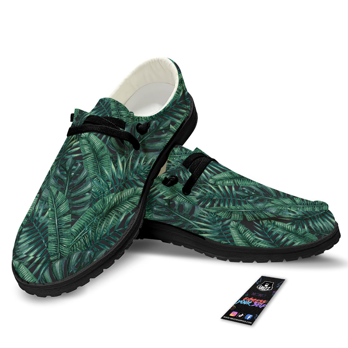 Green Leaf Tropical Print Pattern Black Loafers-grizzshop