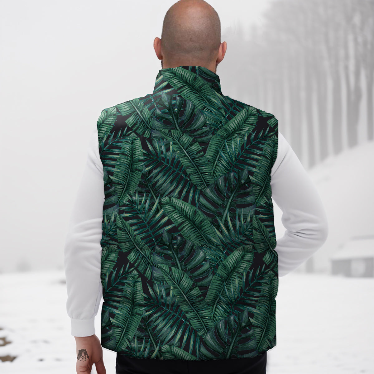 Green Leaf Tropical Print Pattern Down Vest