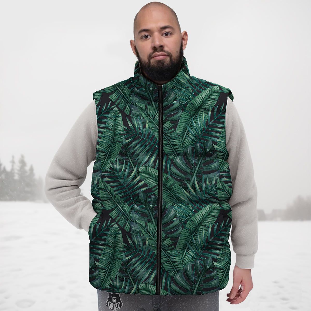 Green Leaf Tropical Print Pattern Down Vest