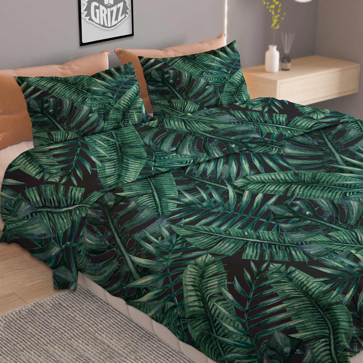 Green Leaf Tropical Print Pattern Duvet Cover Bedding Set