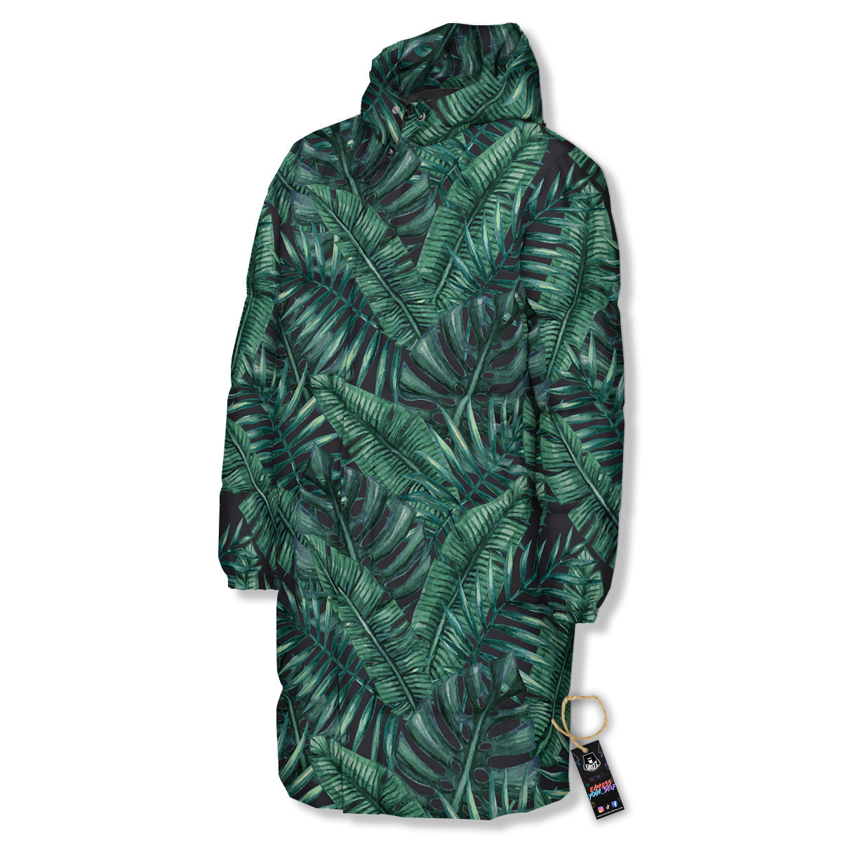 Green Leaf Tropical Print Pattern Long Down Jacket-grizzshop