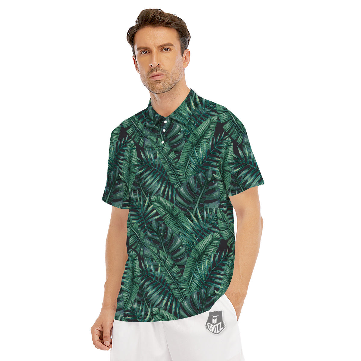 Green Leaf Tropical Print Pattern Men's Golf Shirts-grizzshop