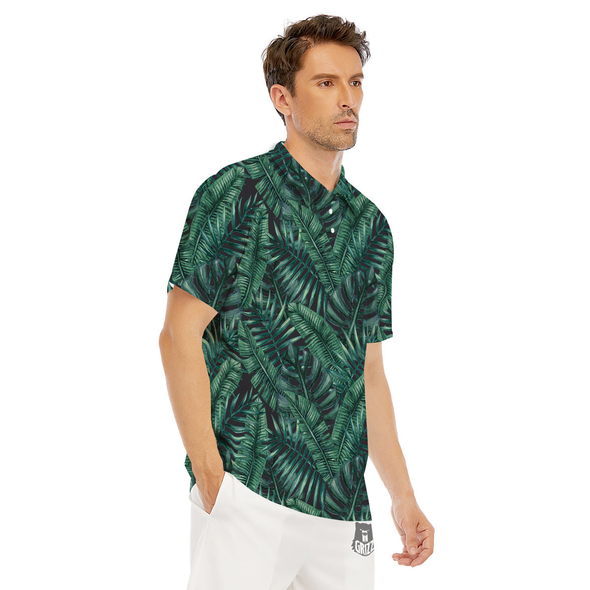 Green Leaf Tropical Print Pattern Men's Golf Shirts-grizzshop