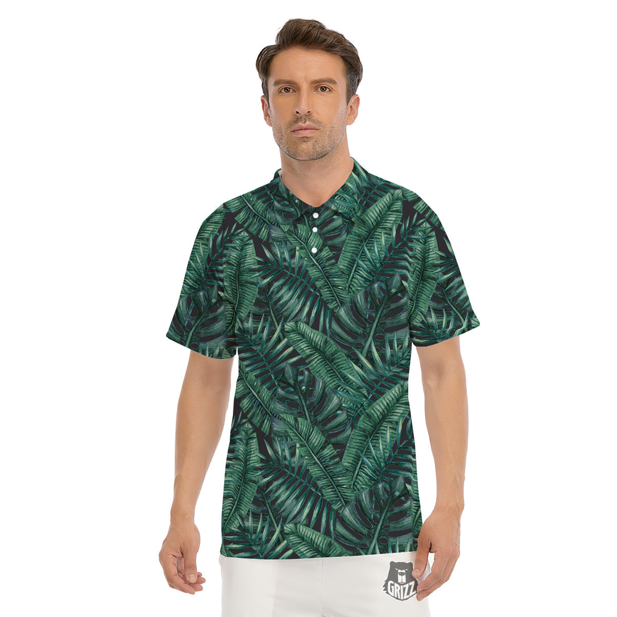 Green Leaf Tropical Print Pattern Men's Golf Shirts-grizzshop