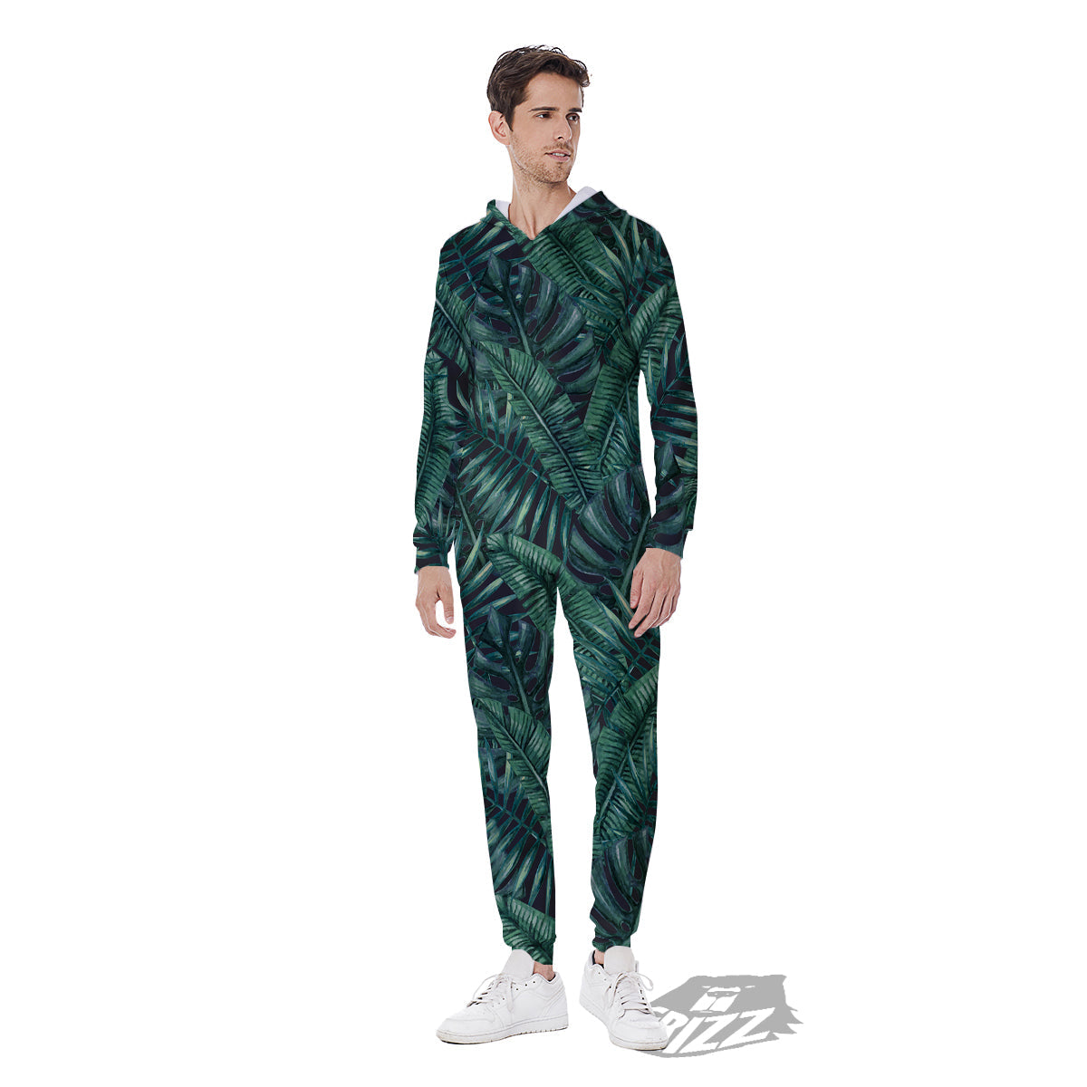 Green Leaf Tropical Print Pattern Men's Jumpsuit-grizzshop