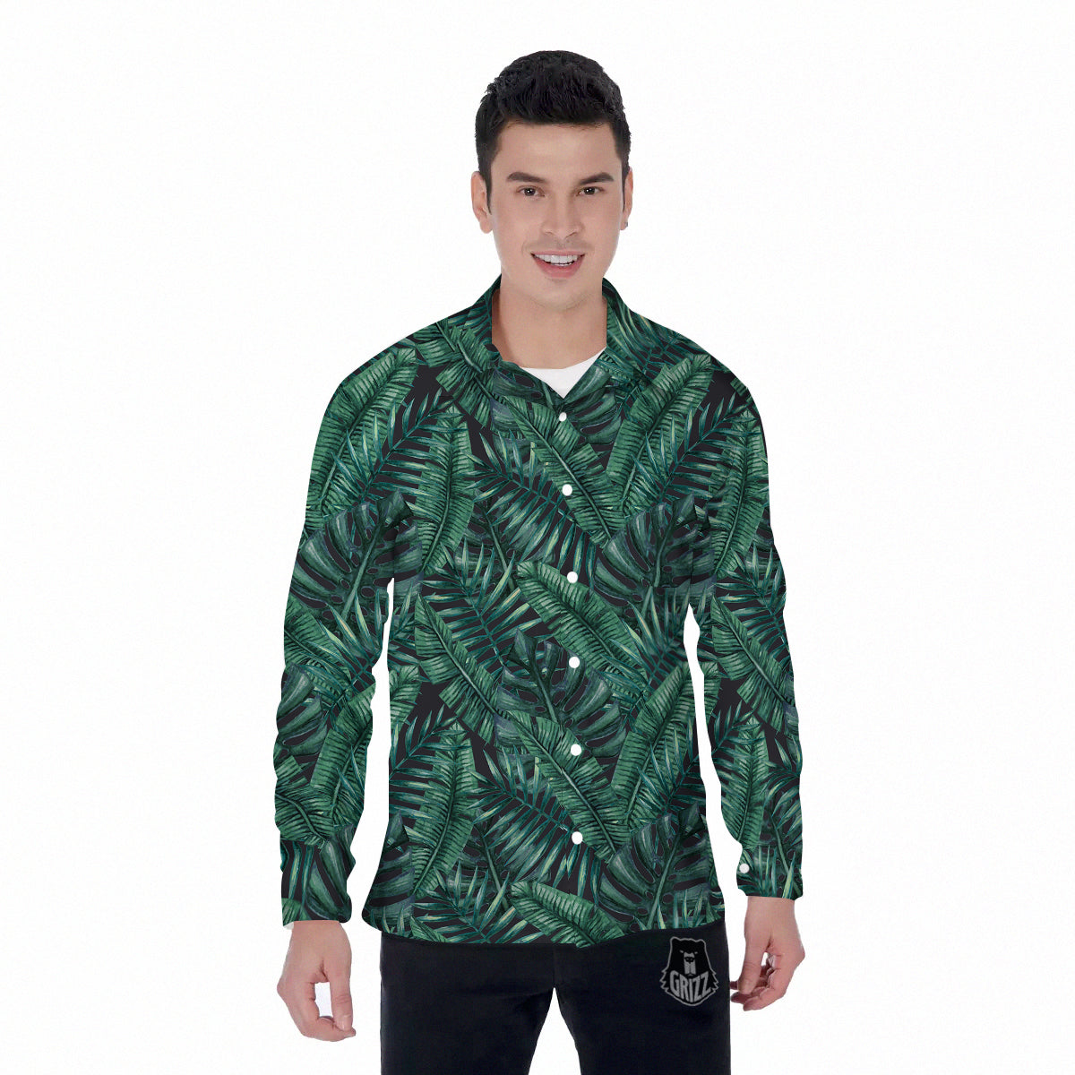 Green Leaf Tropical Print Pattern Men's Long Sleeve Shirts-grizzshop
