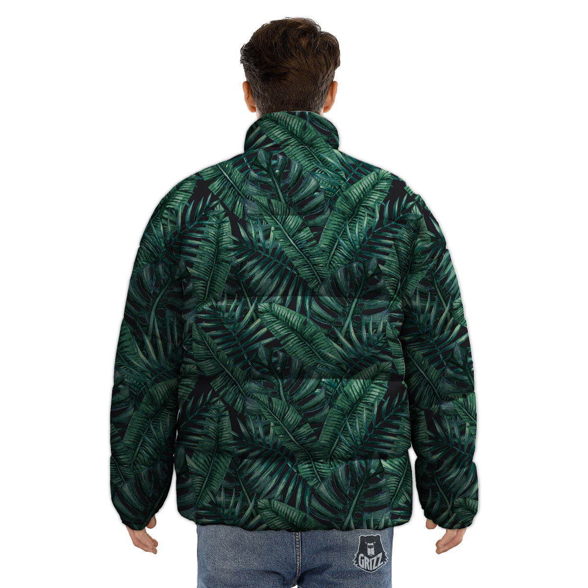 Green Leaf Tropical Print Pattern Puffer Jacket-grizzshop