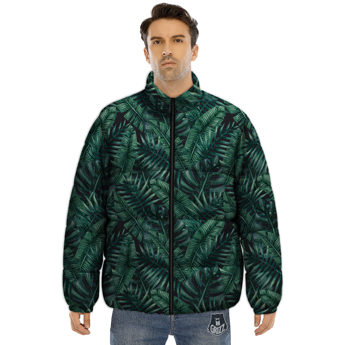 Green Leaf Tropical Print Pattern Puffer Jacket-grizzshop