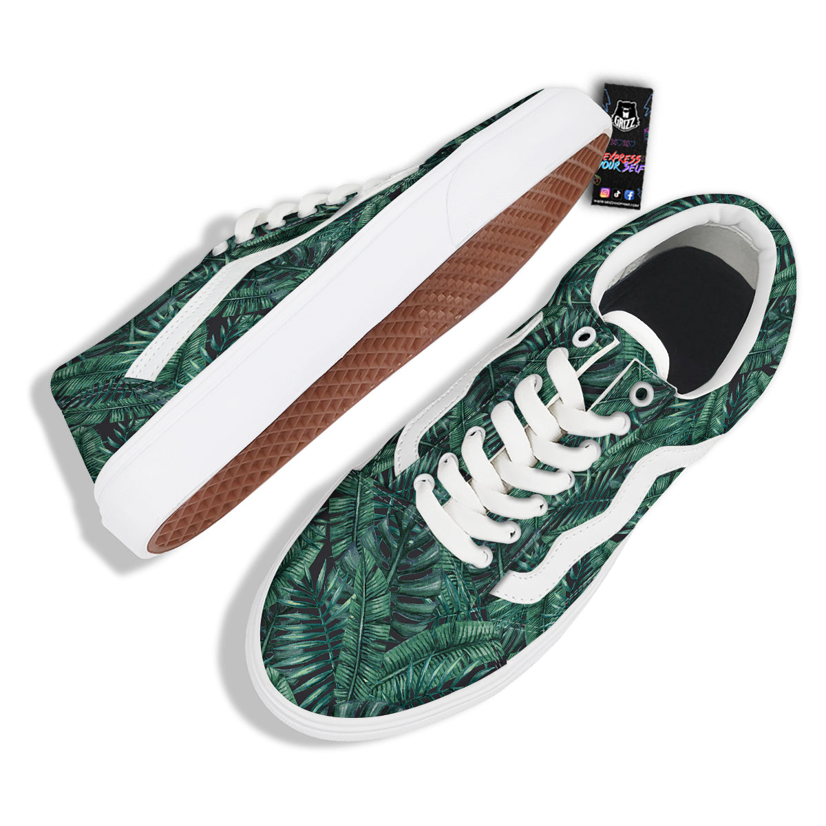 Green Leaf Tropical Print Pattern Skate Shoes-grizzshop