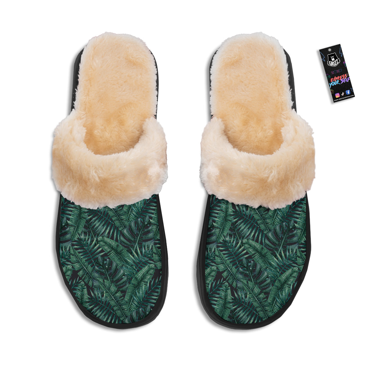 Green Leaf Tropical Print Pattern Slippers-grizzshop