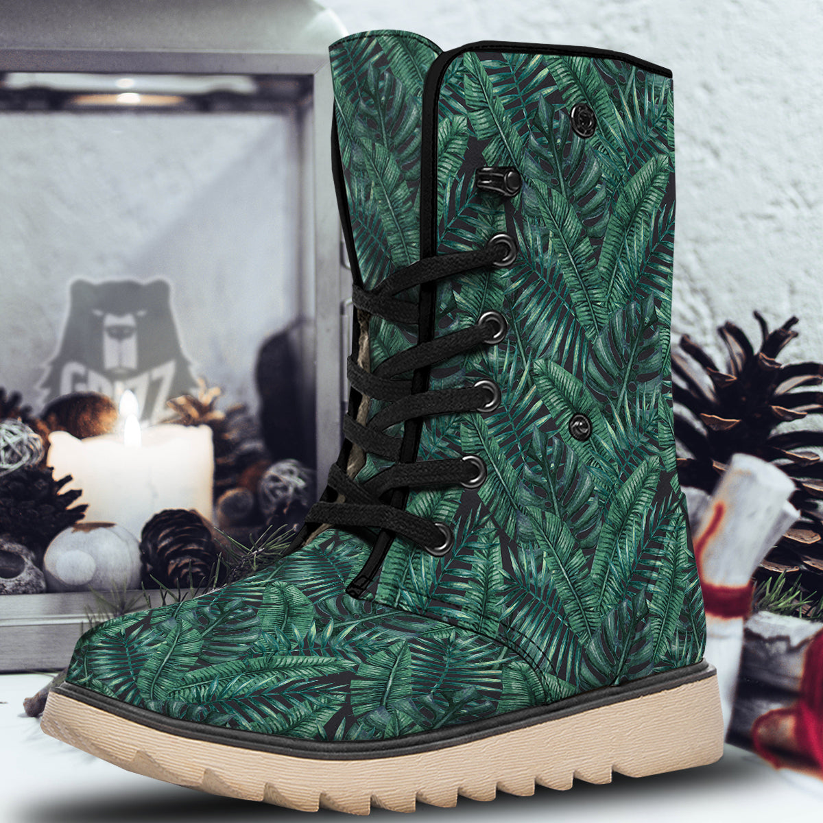 Green Leaf Tropical Print Pattern Snow Boots-grizzshop