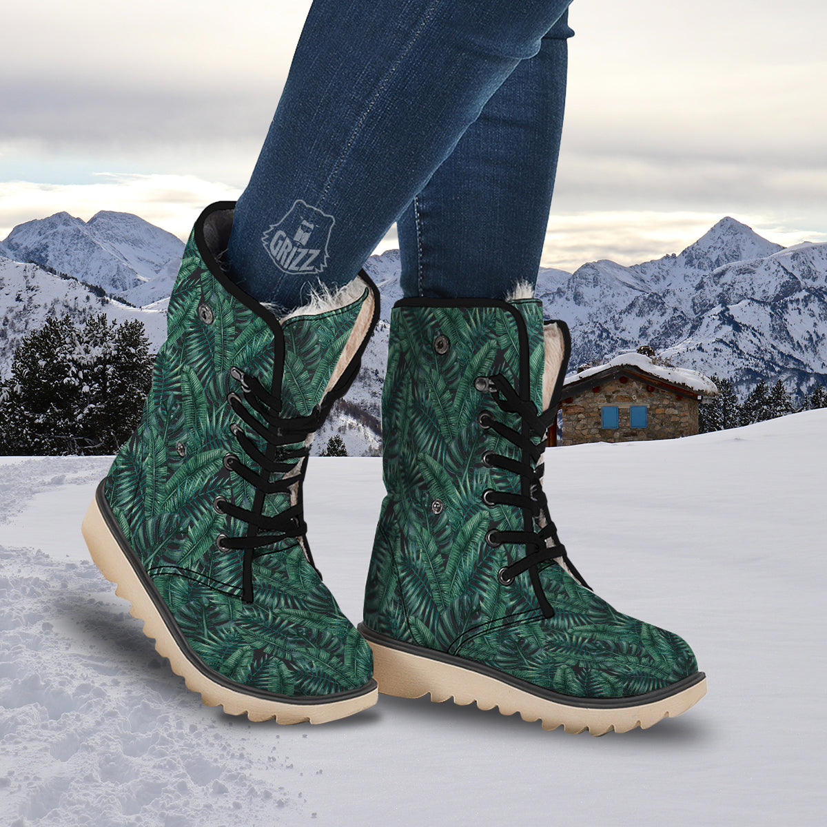 Green Leaf Tropical Print Pattern Snow Boots-grizzshop