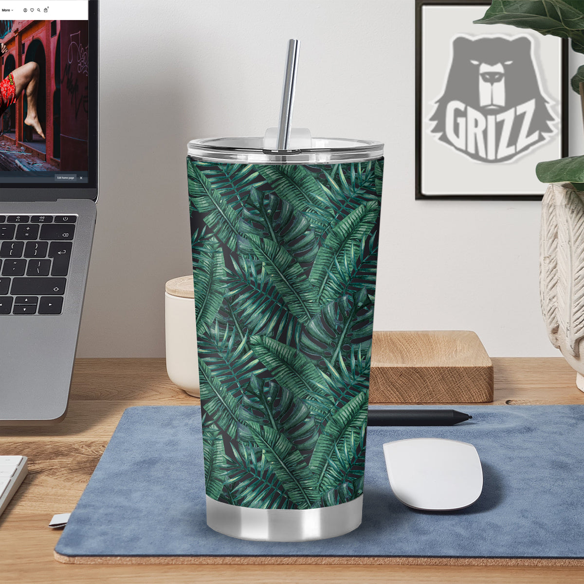 Green Leaf Tropical Print Pattern Tumbler-grizzshop