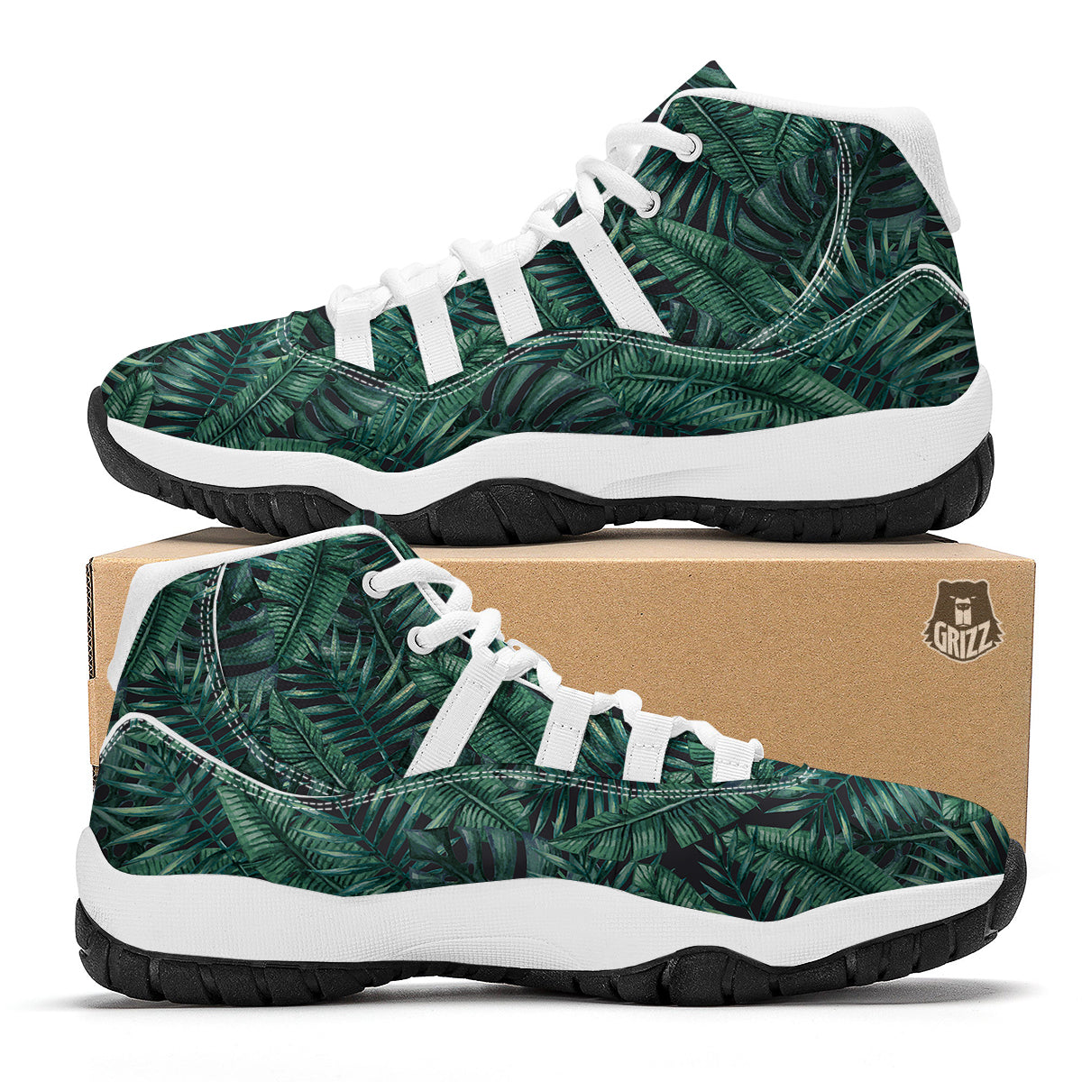 Green Leaf Tropical Print Pattern White Bball Shoes-grizzshop