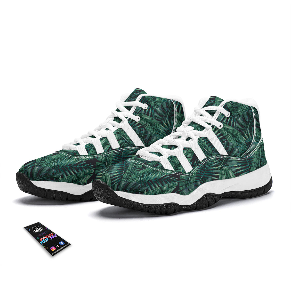 Green Leaf Tropical Print Pattern White Bball Shoes-grizzshop