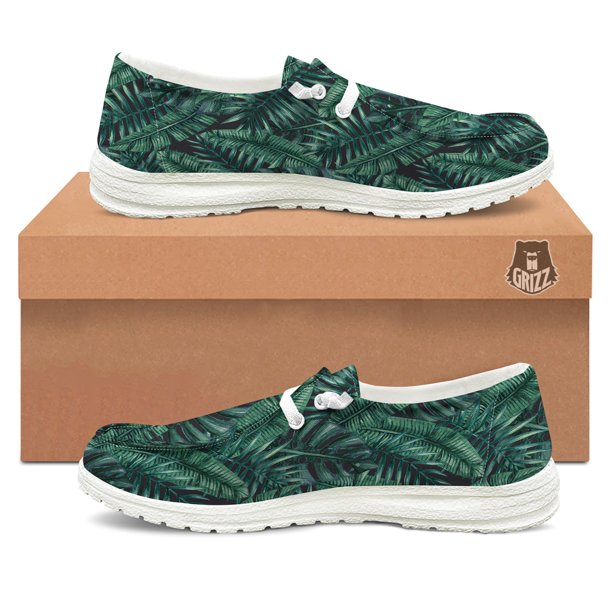 Green Leaf Tropical Print Pattern White Loafers-grizzshop