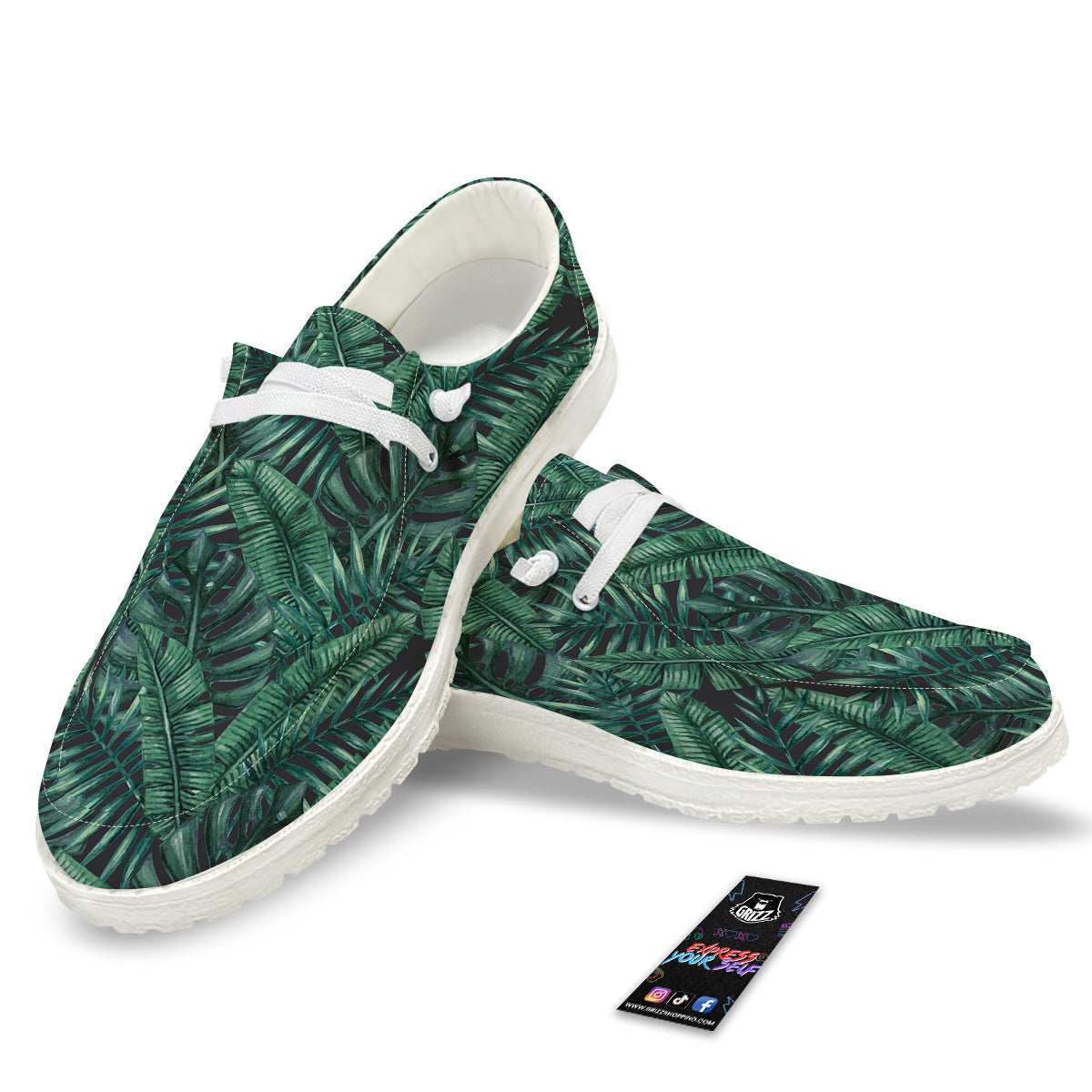 Green Leaf Tropical Print Pattern White Loafers-grizzshop