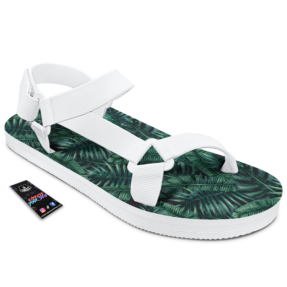 Green Leaf Tropical Print Pattern White Open Toe Sandals-grizzshop