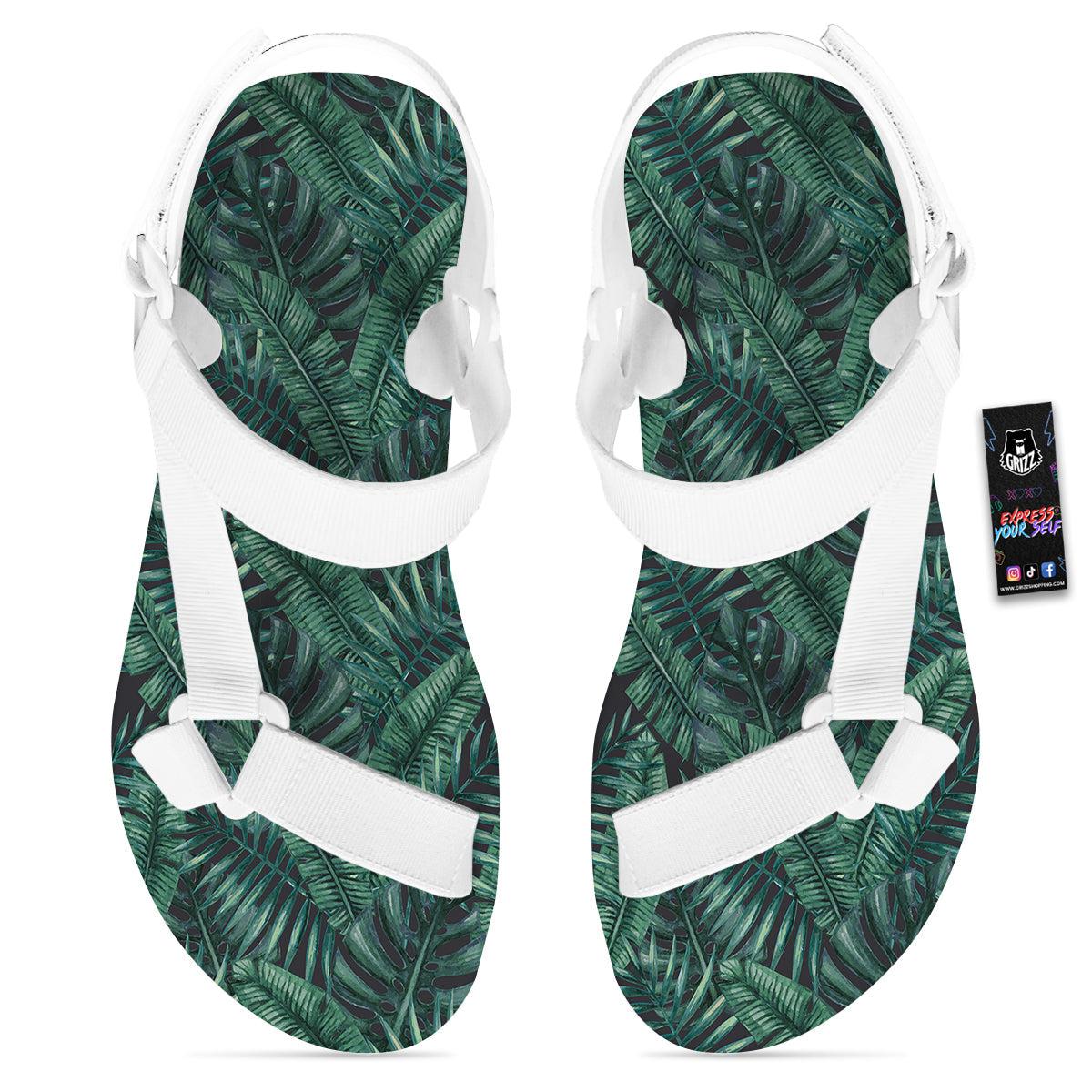 Green Leaf Tropical Print Pattern White Open Toe Sandals-grizzshop