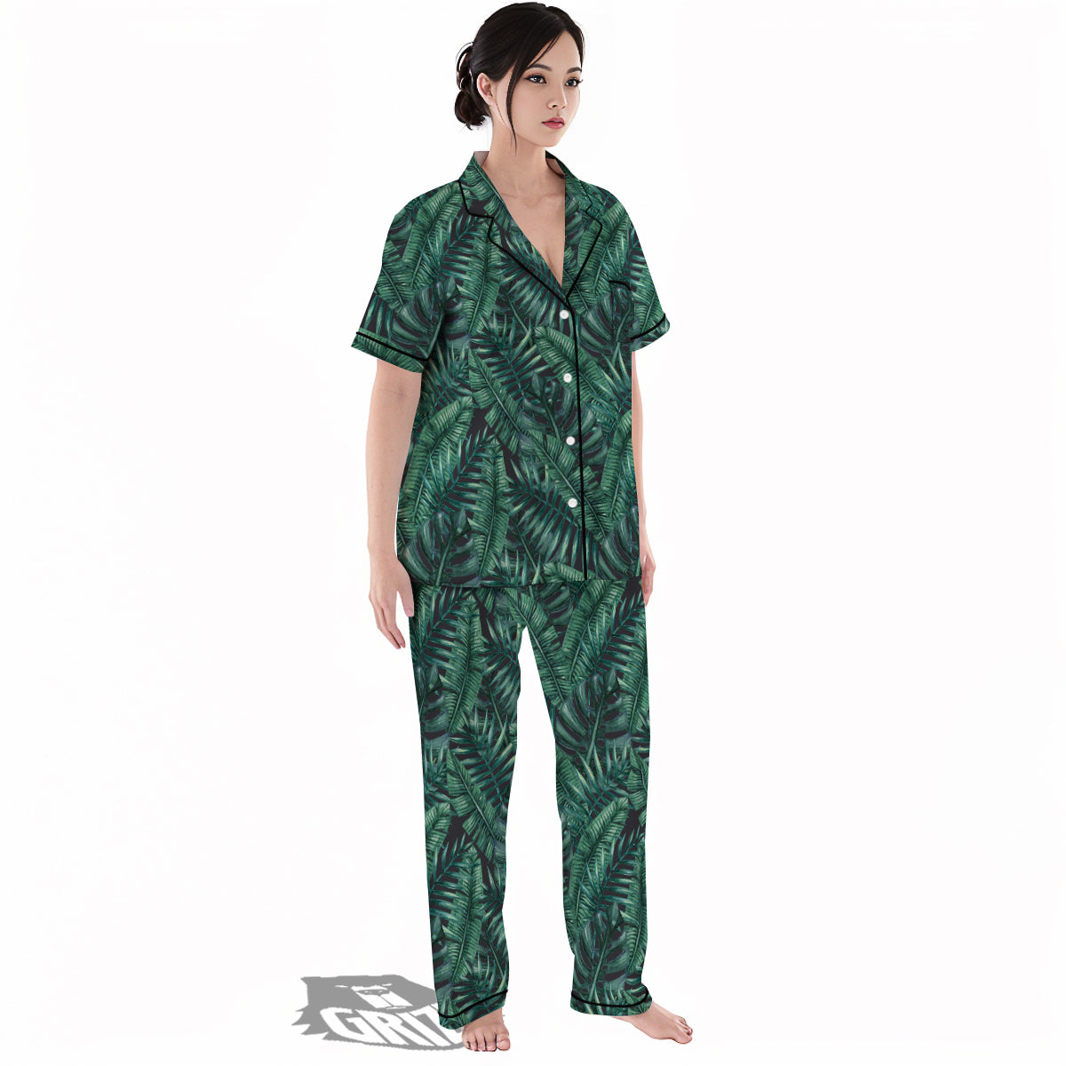 Green Leaf Tropical Print Pattern Women's Pajamas Set-grizzshop