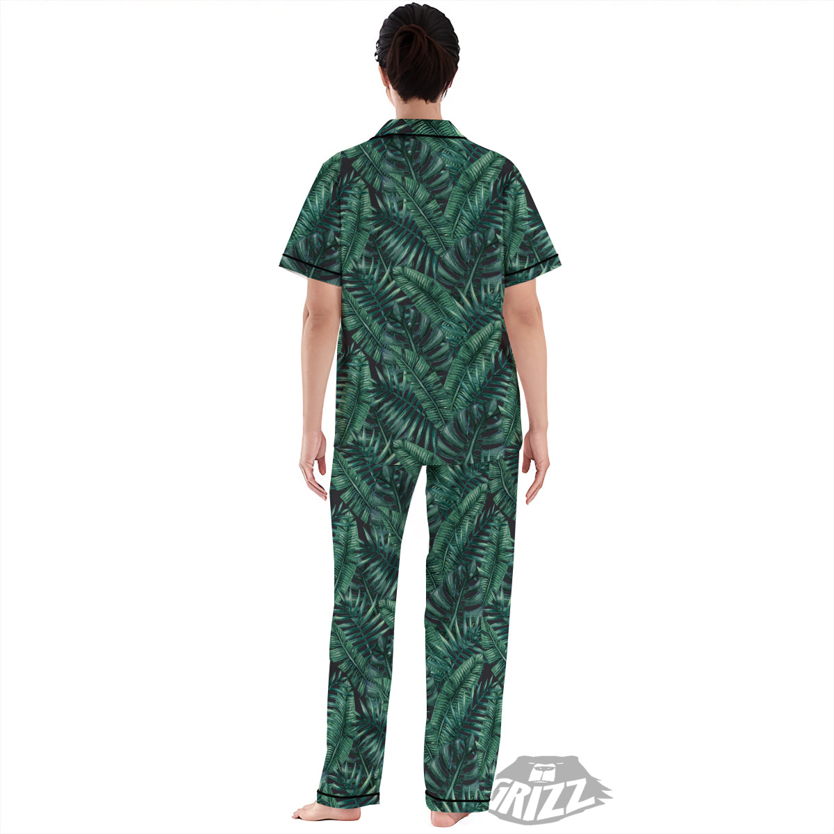 Green Leaf Tropical Print Pattern Women's Pajamas Set-grizzshop
