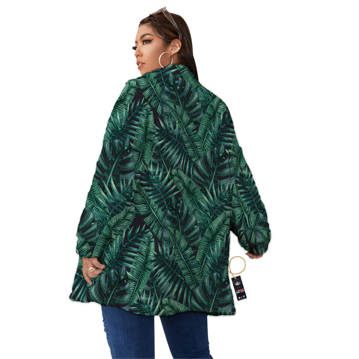 Green Leaf Tropical Print Pattern Women's Sherpa Jacket-grizzshop