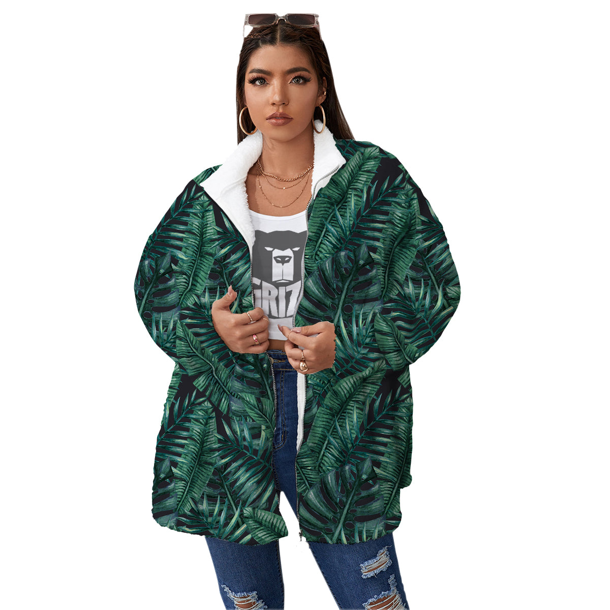 Green Leaf Tropical Print Pattern Women's Sherpa Jacket-grizzshop