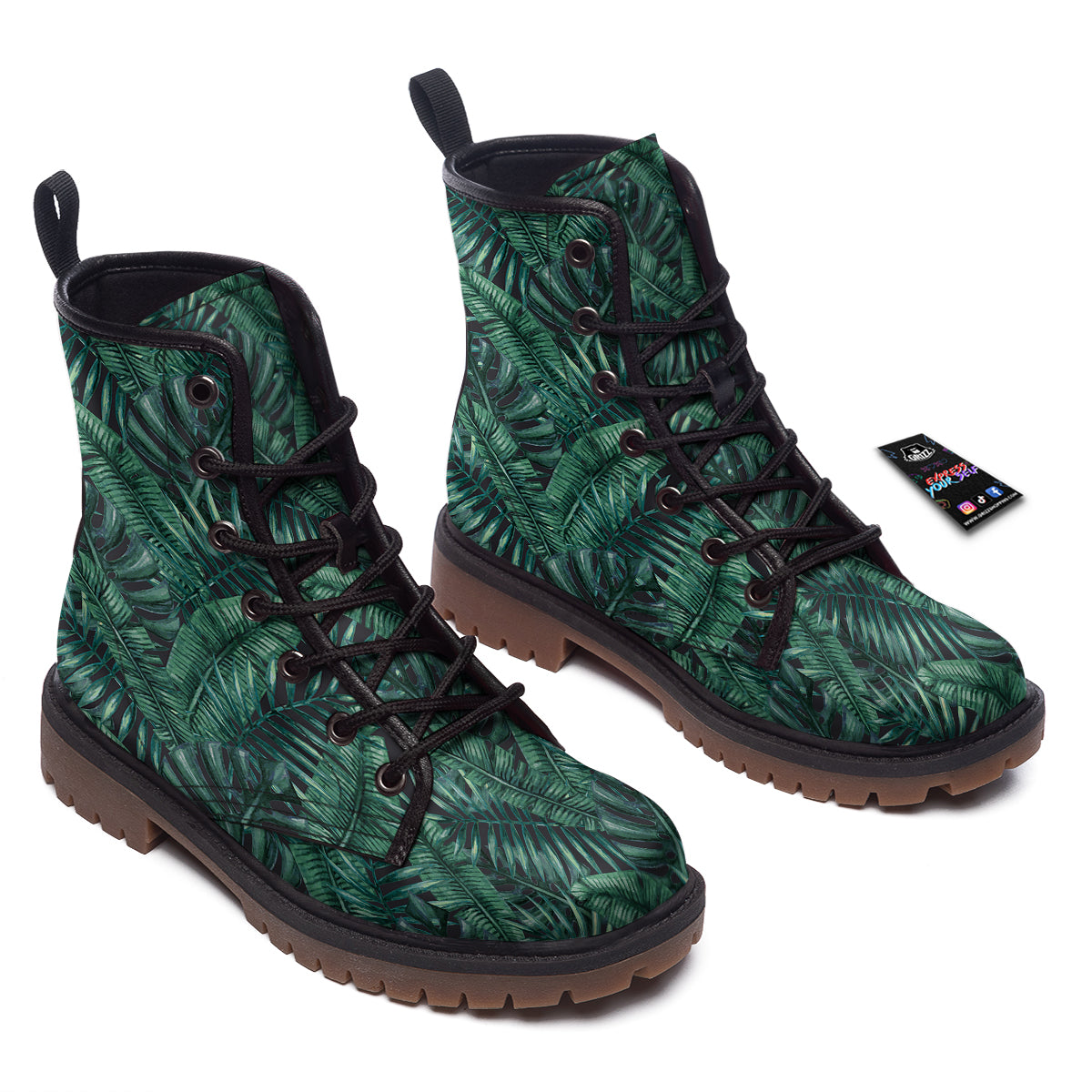 Green Leaf Tropical Print Pattern Work Boots-grizzshop