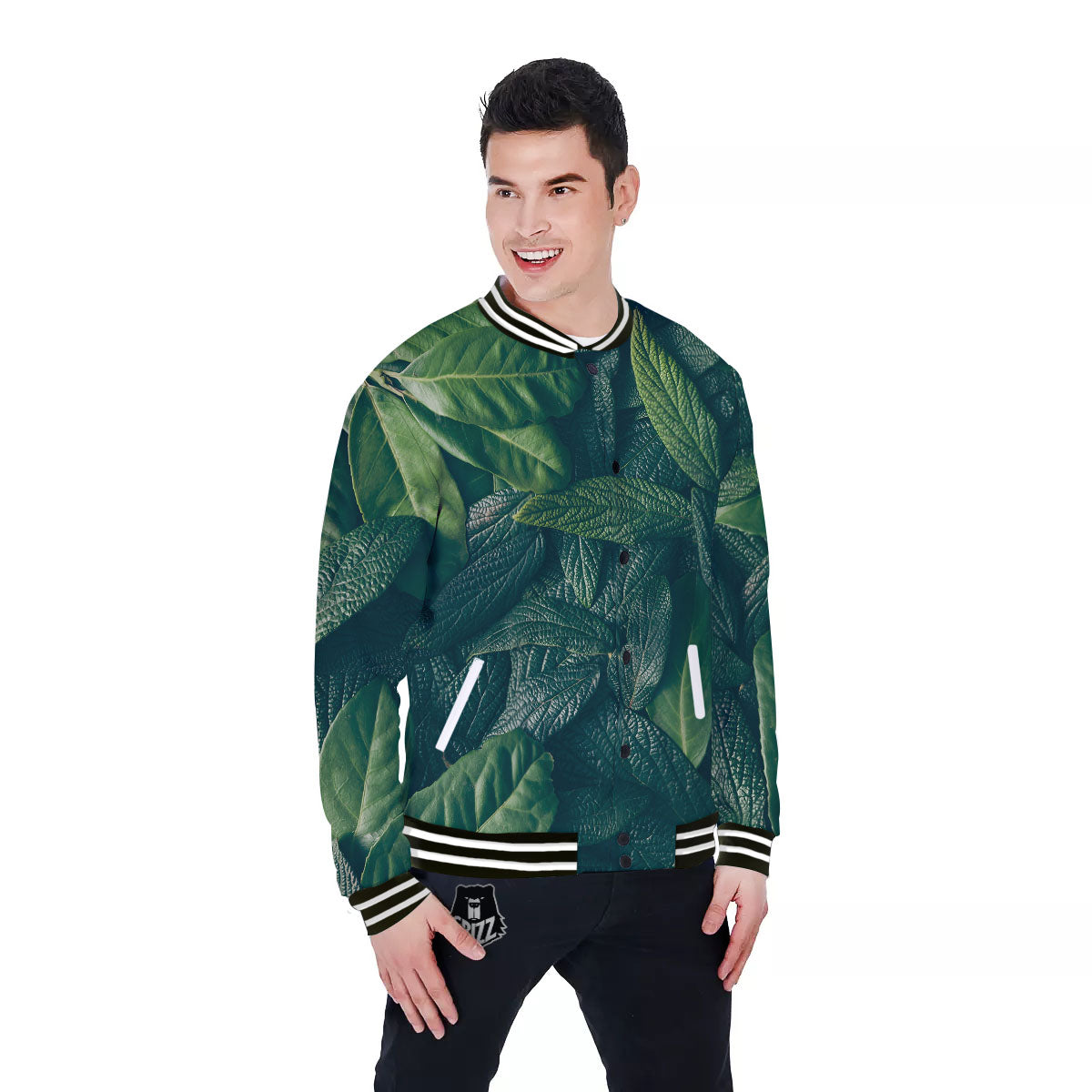 Green Leaves Print Baseball Jacket-grizzshop