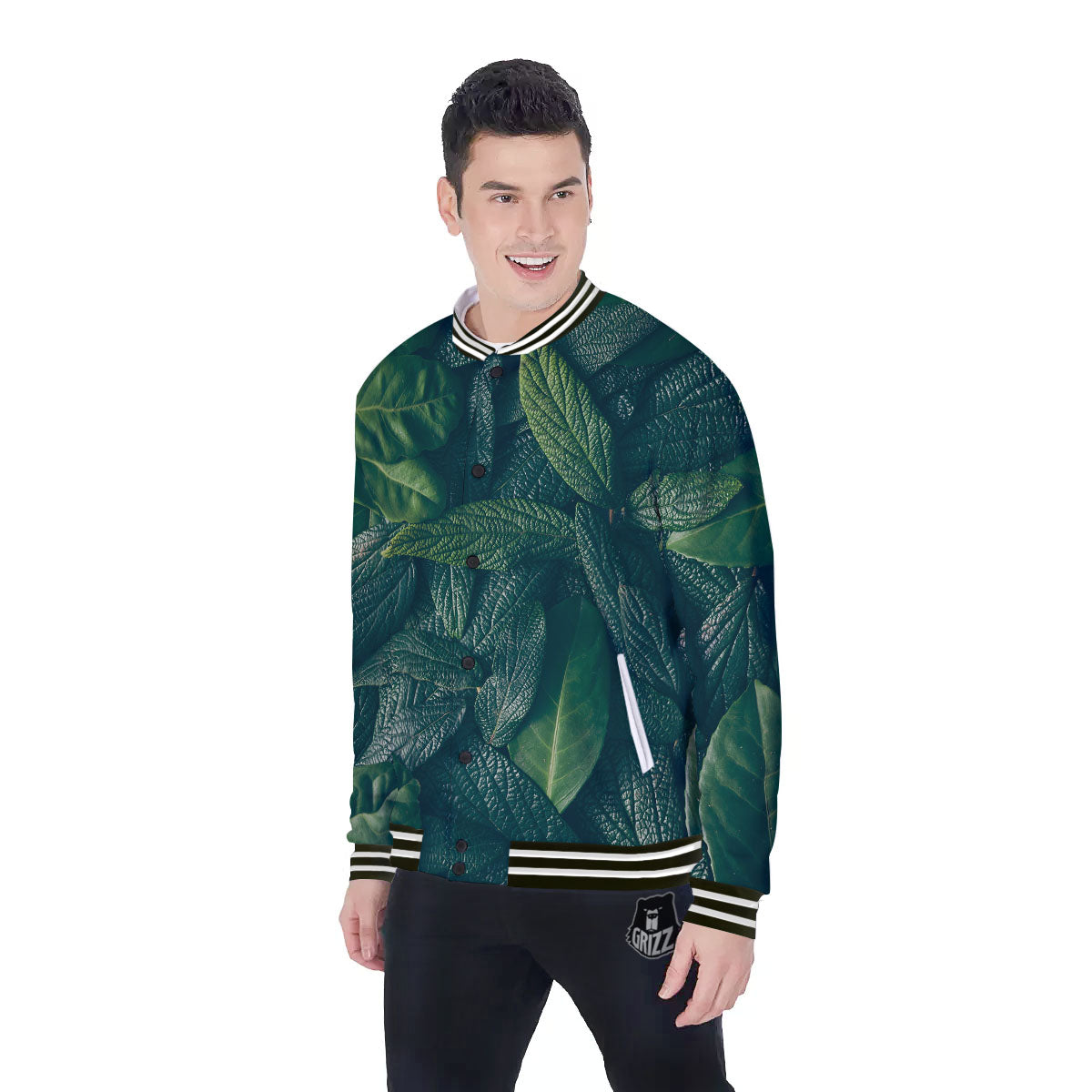 Green Leaves Print Baseball Jacket-grizzshop