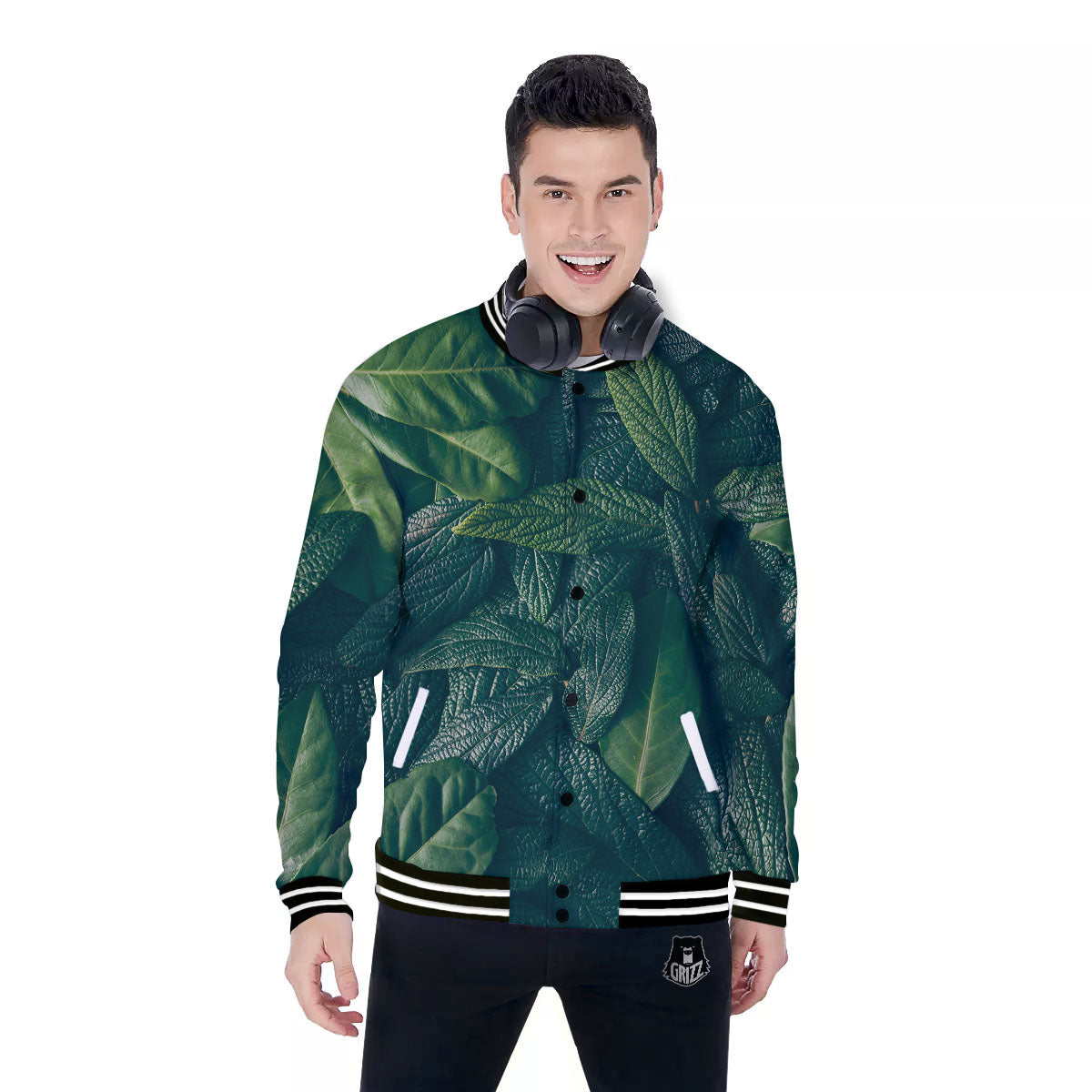 Green Leaves Print Baseball Jacket-grizzshop