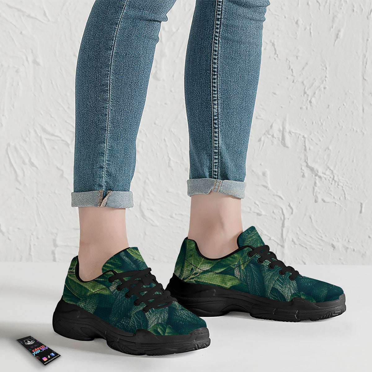Green Leaves Print Black Chunky Shoes-grizzshop