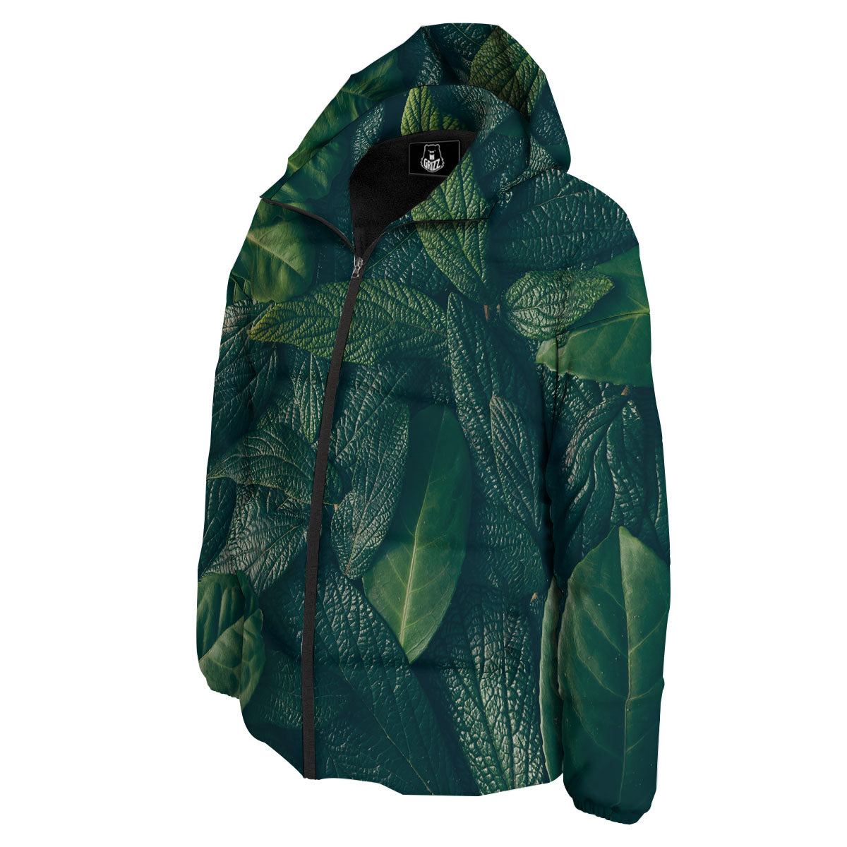 Green Leaves Print Down Jacket-grizzshop