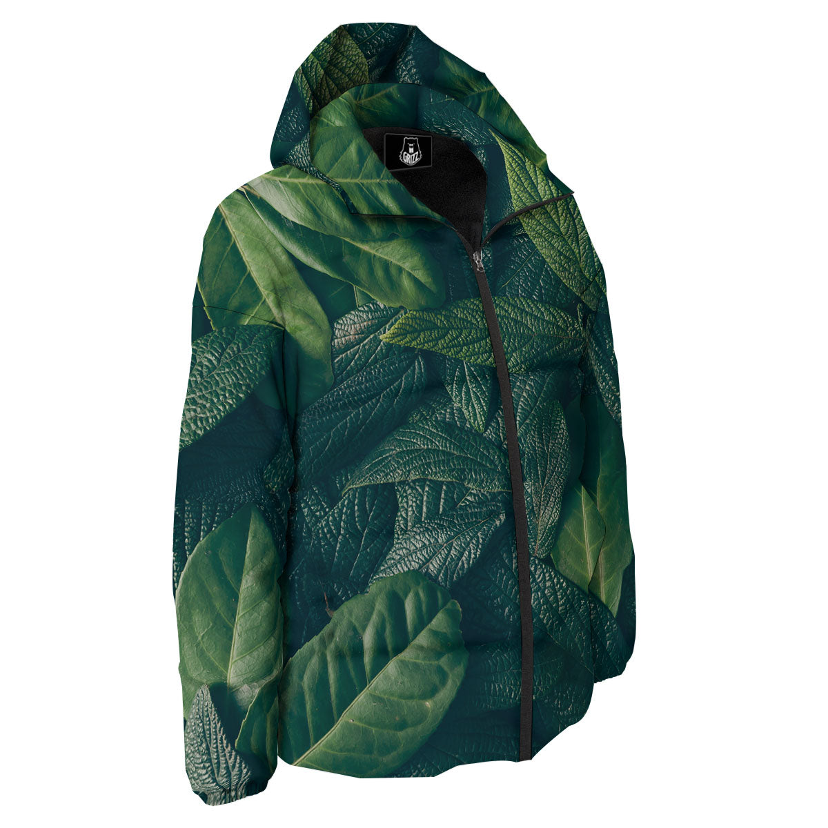Green Leaves Print Down Jacket-grizzshop