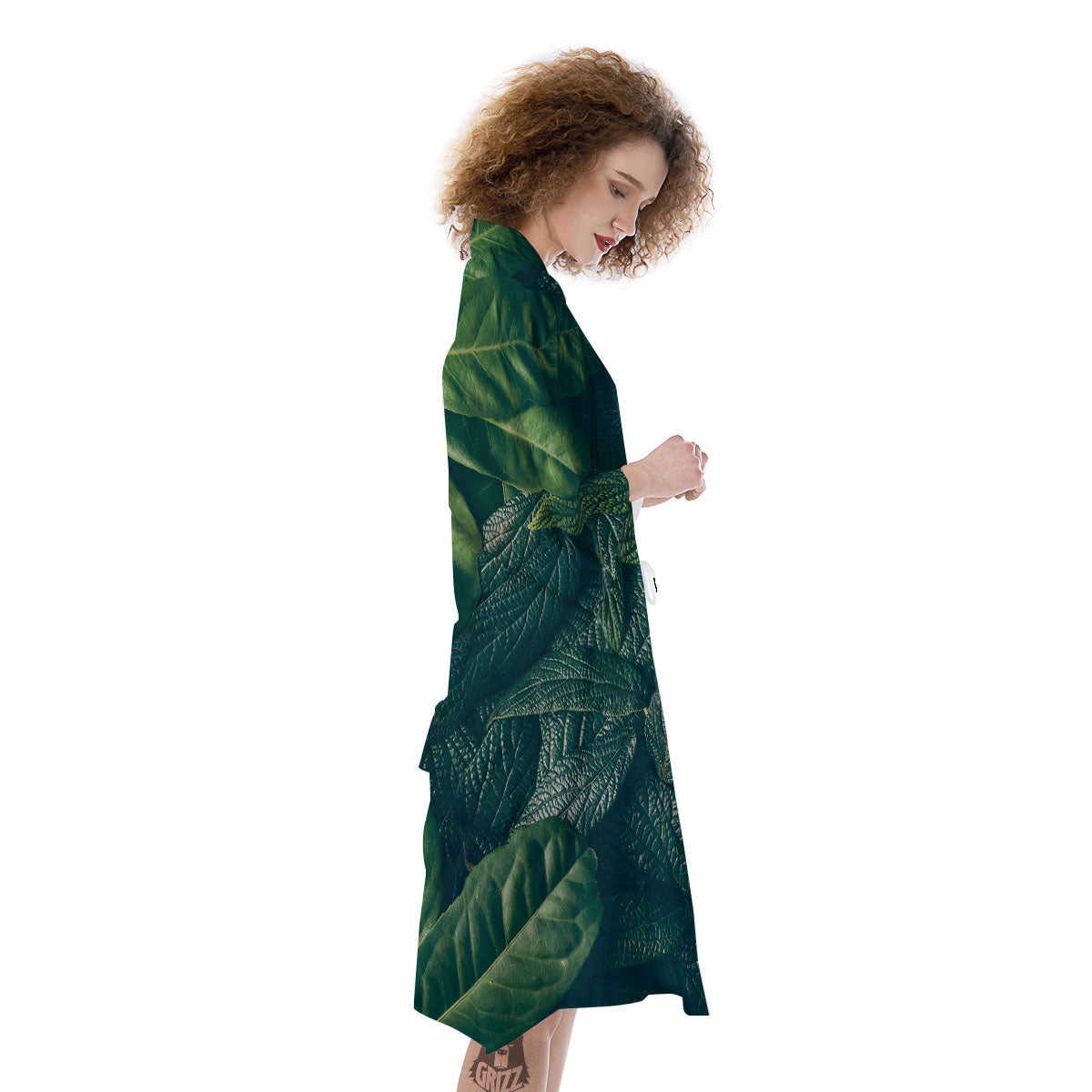 Green Leaves Print Kimono-grizzshop