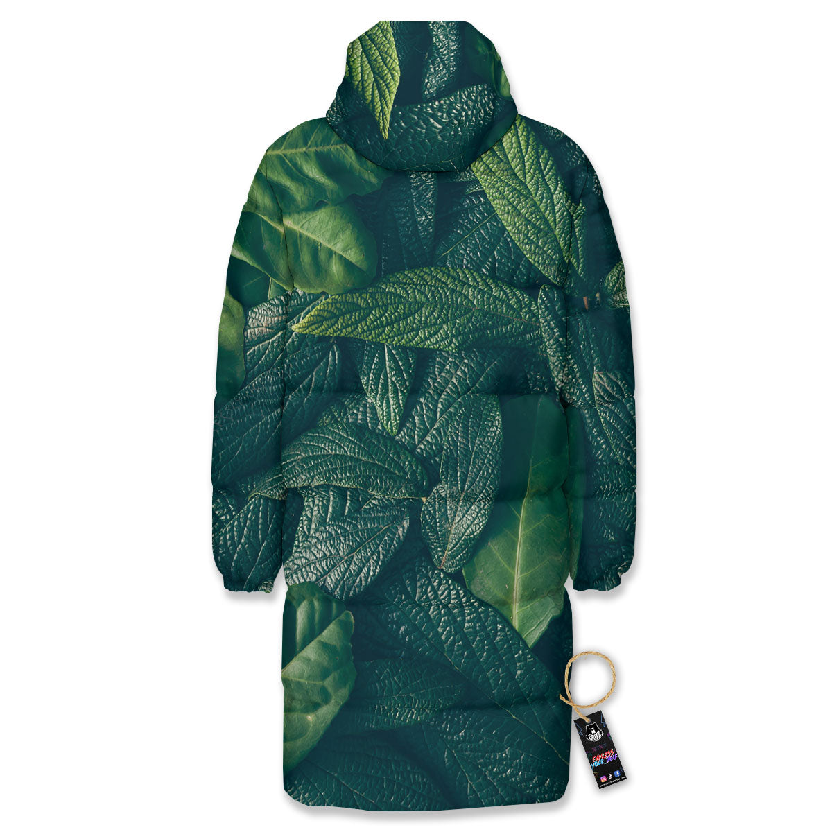 Green Leaves Print Long Down Jacket-grizzshop