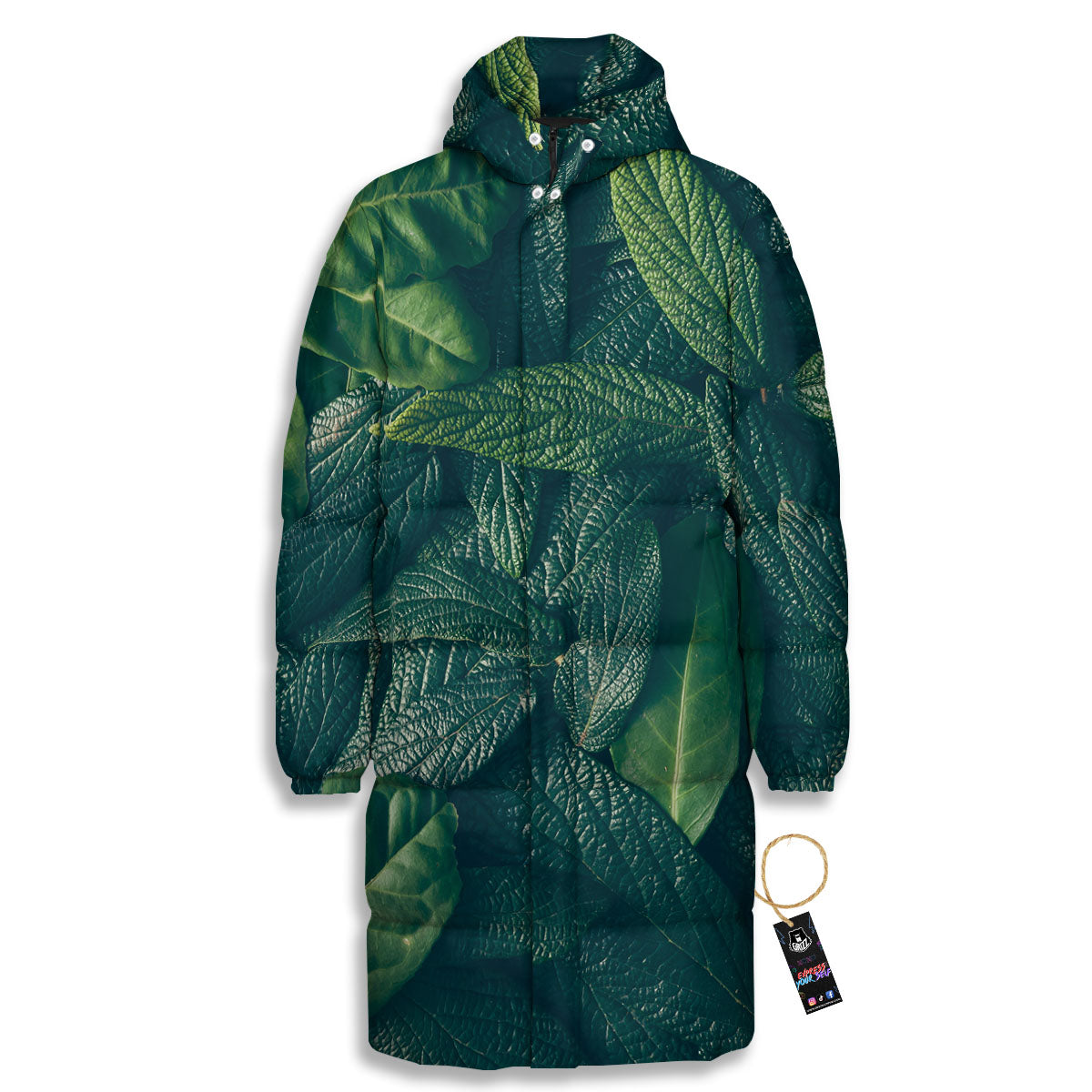 Green Leaves Print Long Down Jacket-grizzshop