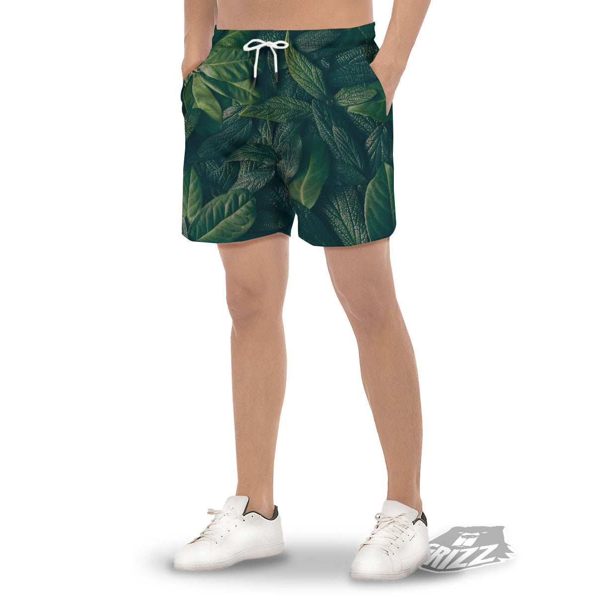 Green Leaves Print Men's Gym Shorts-grizzshop