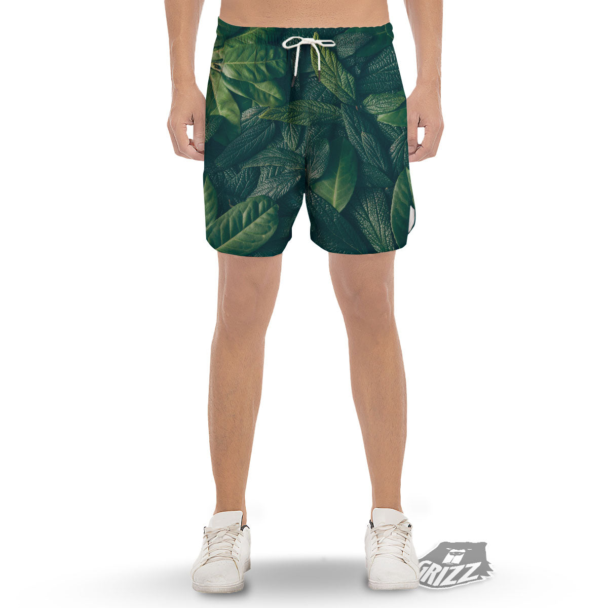 Green Leaves Print Men's Gym Shorts-grizzshop