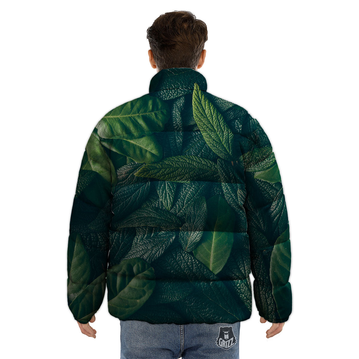 Green Leaves Print Puffer Jacket-grizzshop