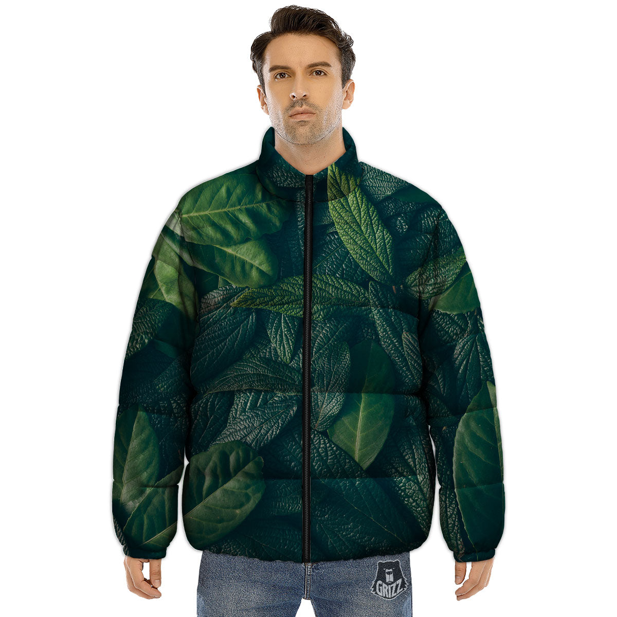 Green Leaves Print Puffer Jacket-grizzshop
